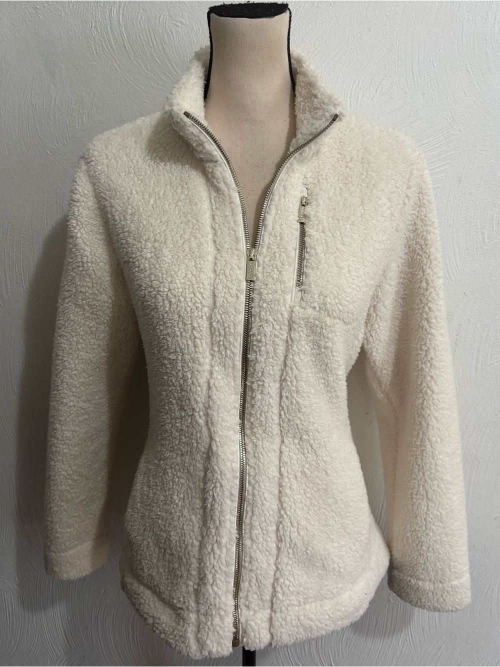 Calvin Klein Jacket Cozy Women's Cream Sherpa Silver Zip-Up Accents Small